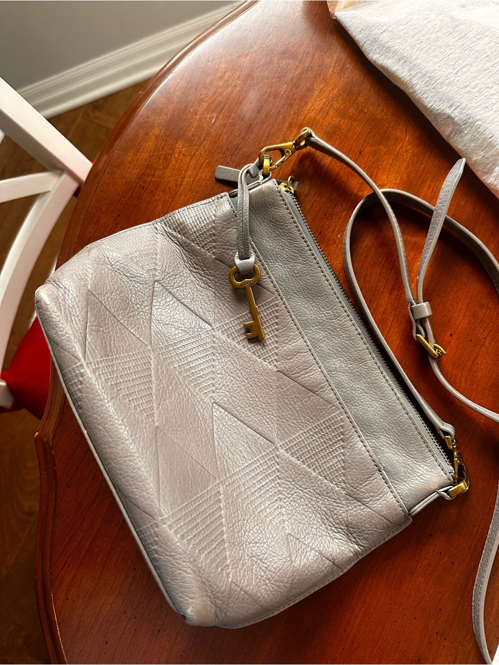 Gray Leather Crossbody Fossil Bag with Key Charm